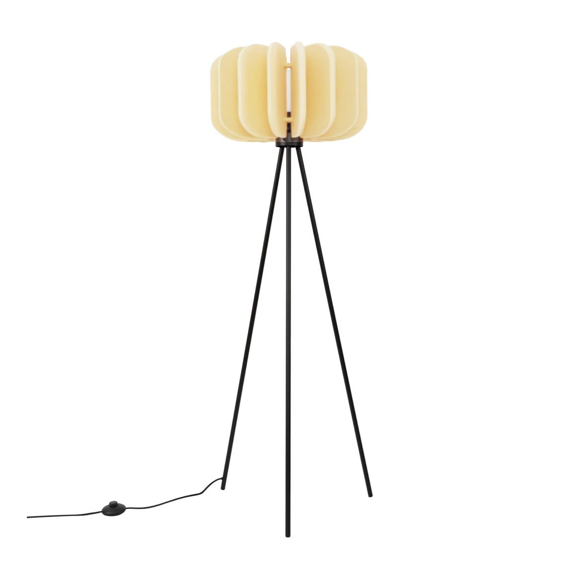 Boho Stehlampe mit Lampenschirm in Gelb mit schwarzen Tripod 3 Bein