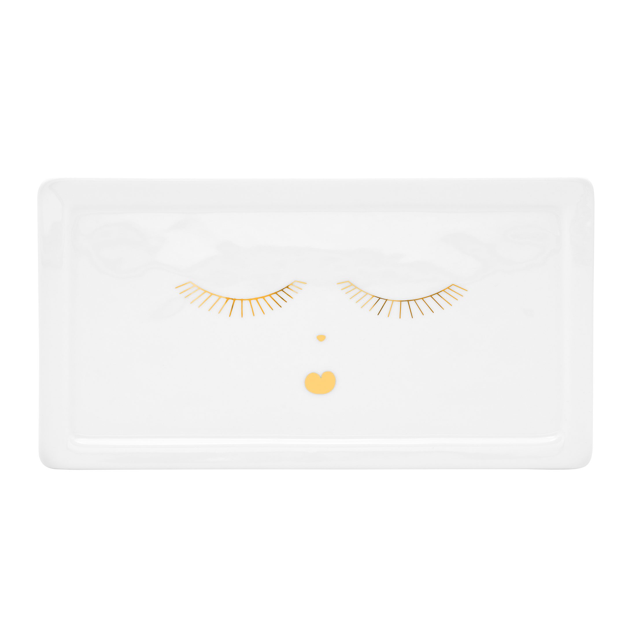 Teller mit Gesicht ♥ Wimpern und Herzchen als Mund ♥ Goldenes Gesicht auf eckigem Teller ♥ Platte aus weißem Porzellan mit Motiv in Gold Geschirr Kuchenteller Boho Style