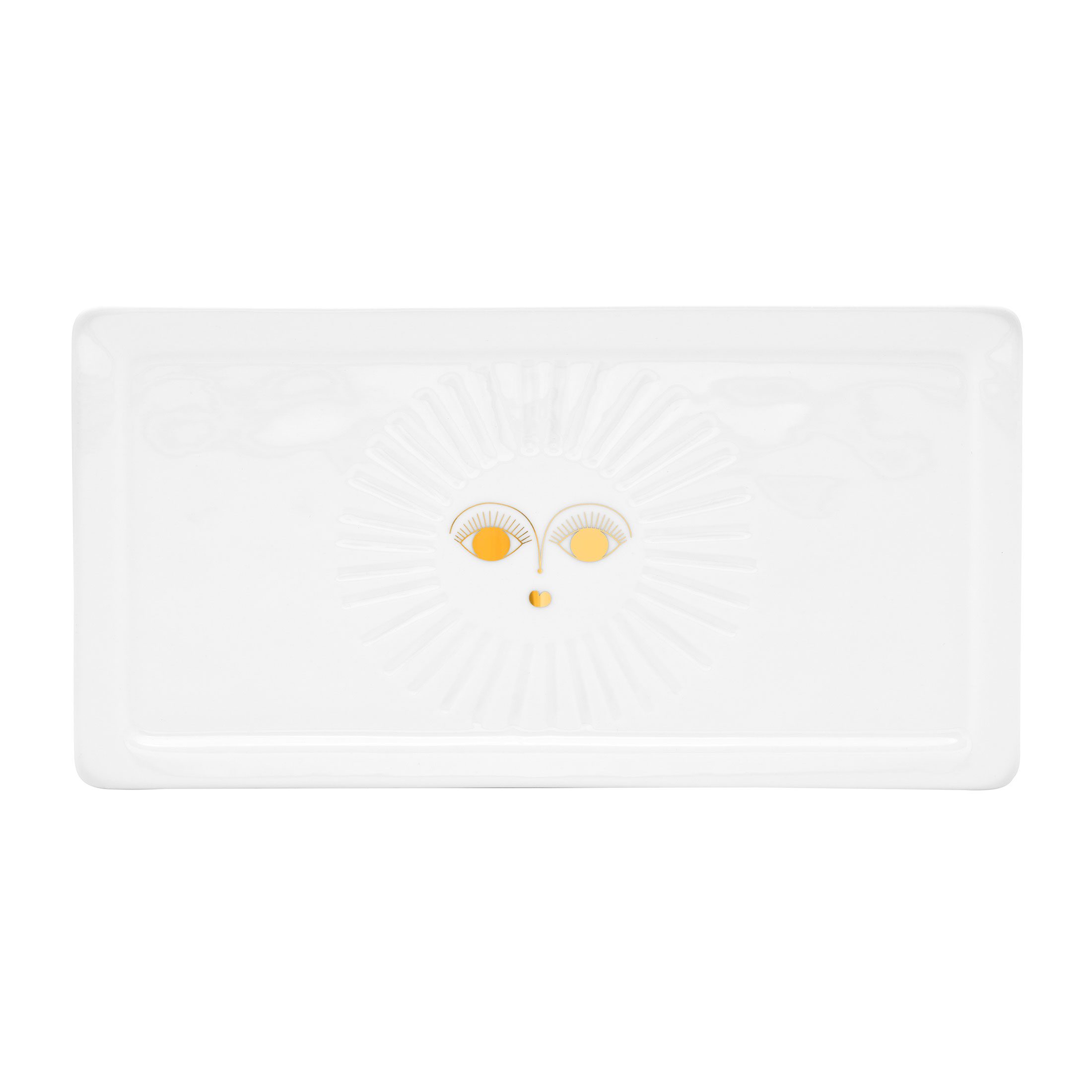 Teller mit Sonne ♥ Eckiger Teller aus weißem Porzellan mit einer goldenen Sonne ♥ Porzellanteller für Kuchen mit einem Sonne Motiv