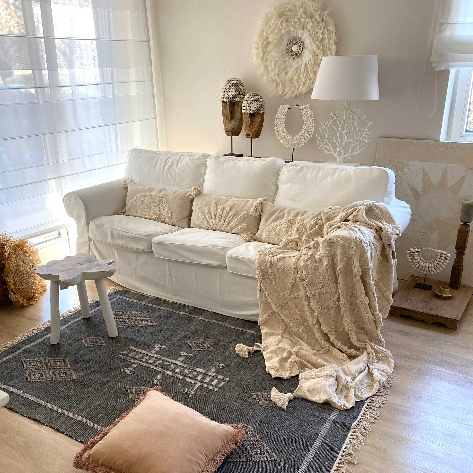 Teppich Sofateppich marokkanisch flach gewebt Kelim Marokko Orientalisch Grau Dunkel Beige Modern Wohnen Deko Soulbirdee Shop