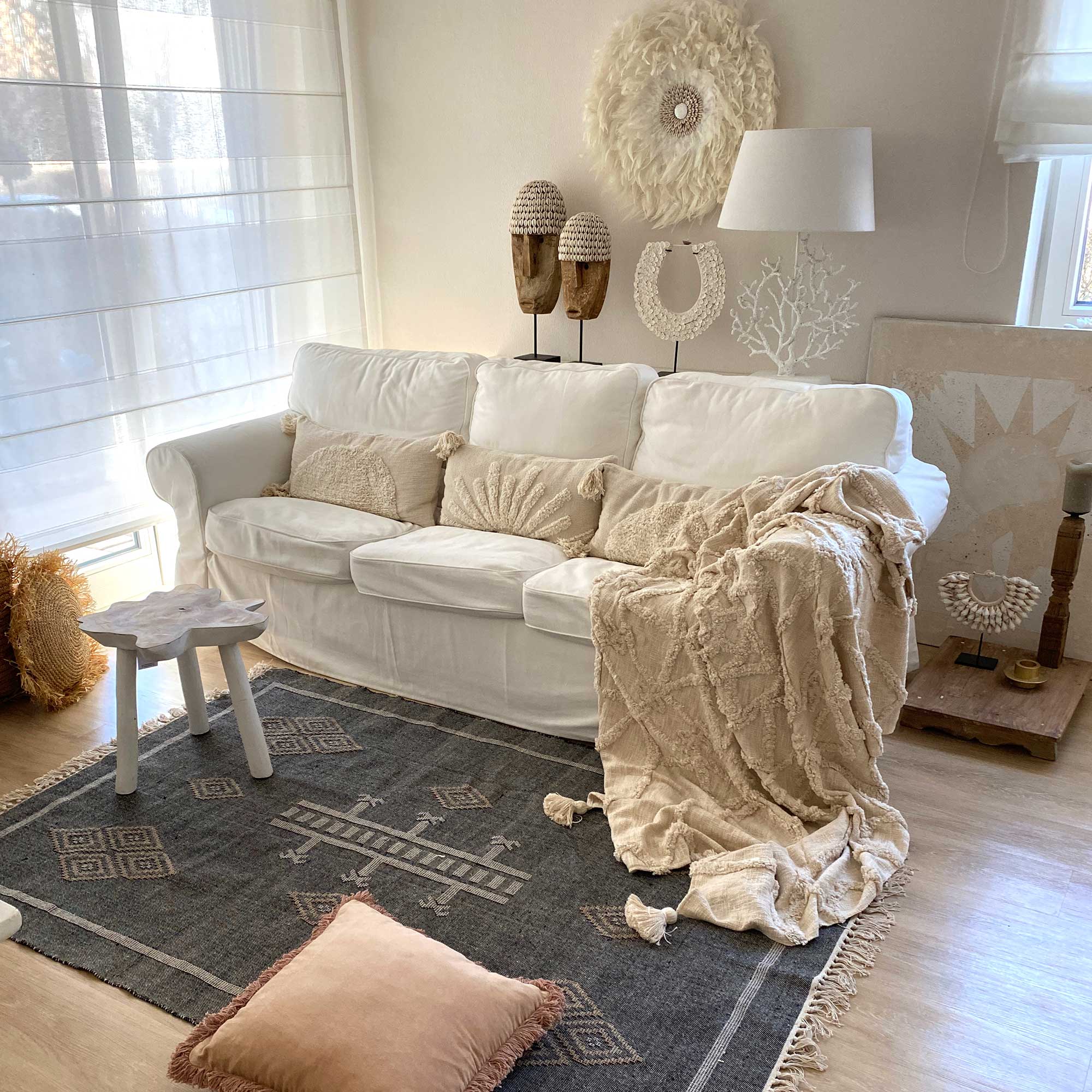 Teppich Sofateppich marokkanisch flach gewebt Kelim Marokko Orientalisch Grau Dunkel Beige Modern Wohnen Deko Soulbirdee Shop
