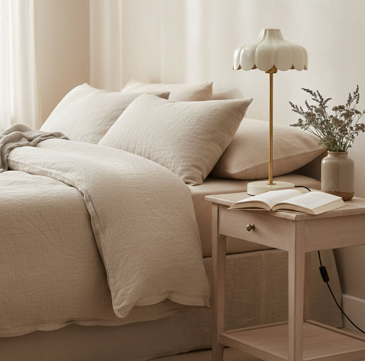 Nachttischlampe Iris als Tischleuchte in Beige im Schlafzimmer auf einem Tisch benutzt als Leselampe 