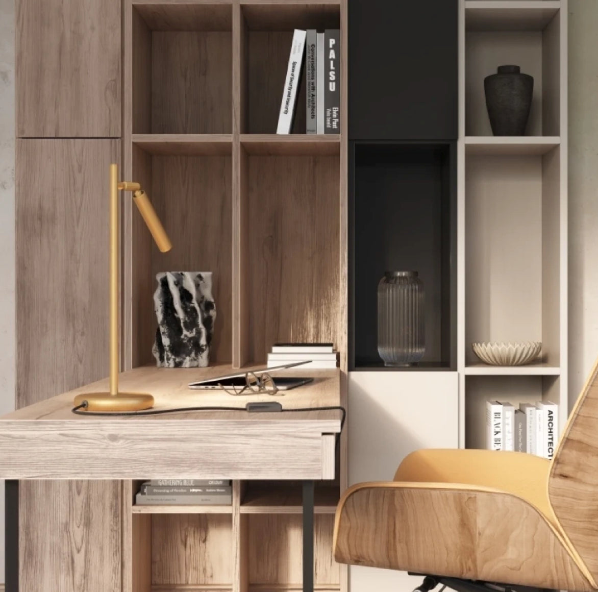 Moderne Tischlampe in Gold für Büro und Arbeitsplatz mit gezieltem Leselicht im homeoffice