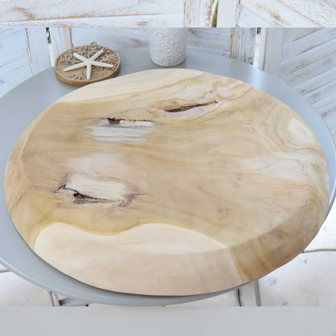 Unterseite Details Dekoschale 50 cm Durchmesser rund Dekotablett Teak gesammeltes Holz Deko Naturmaterial Nachhaltig Soulbirdee