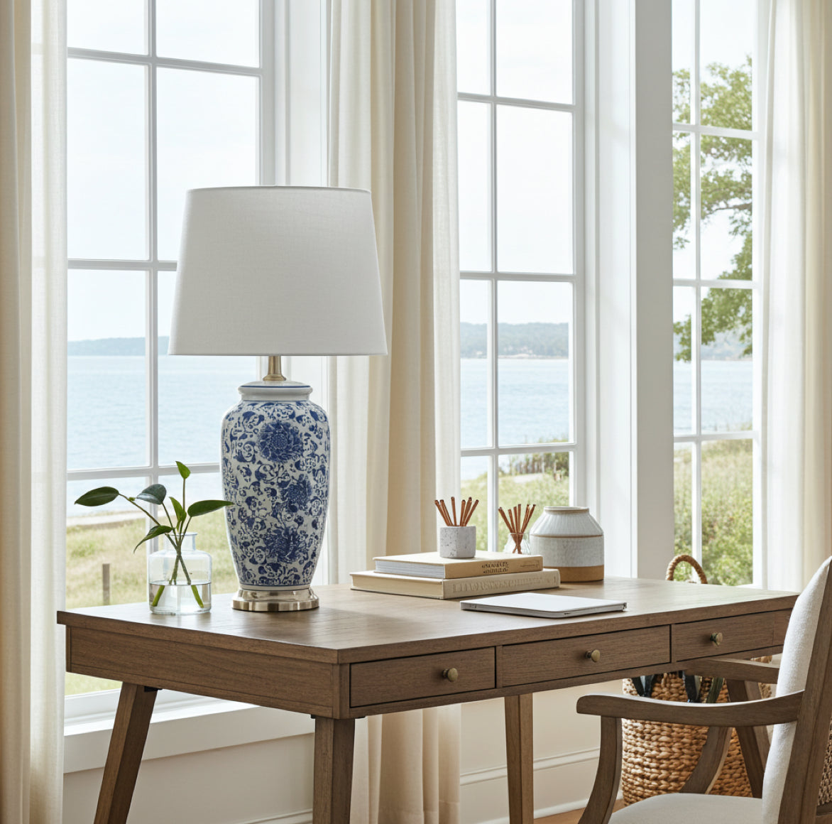 Hol dir den "American Office Look" auf den Schreibtisch – stilvoll und zeitlos mit der blau-weißen Tischlampe ais Porzellan im Hamptons Stil