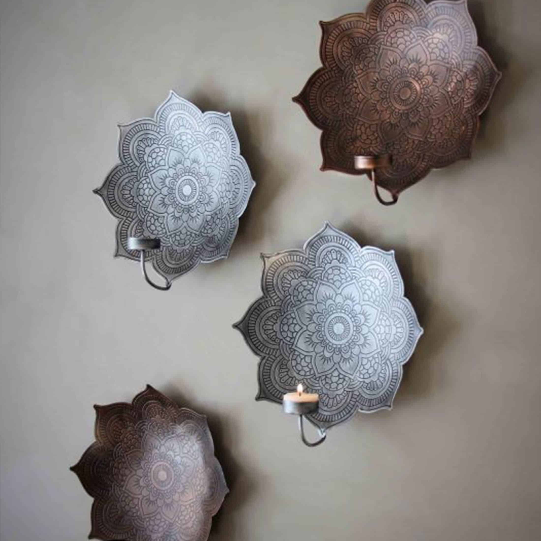 Wanddeko Mandala in Silber & Bronze im Boho Style Boho Kerzenhalter Mandala für die Wand ♥ Wanddeko für Yoga Spa Zuhause ♥ Soulbirdee OnlineshopWandkerzenhalter mit Mandala in Silber & Bronze im Bohemian Wohnstil. Kerzenhalter für die Wand aus Metall mit Muster Soulbirdee