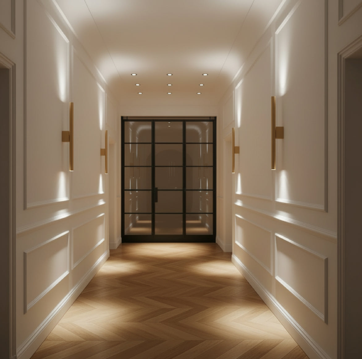 Wandlampe Pastelo gold im schmalen Altbau Flur mit elegantem Lichtbild