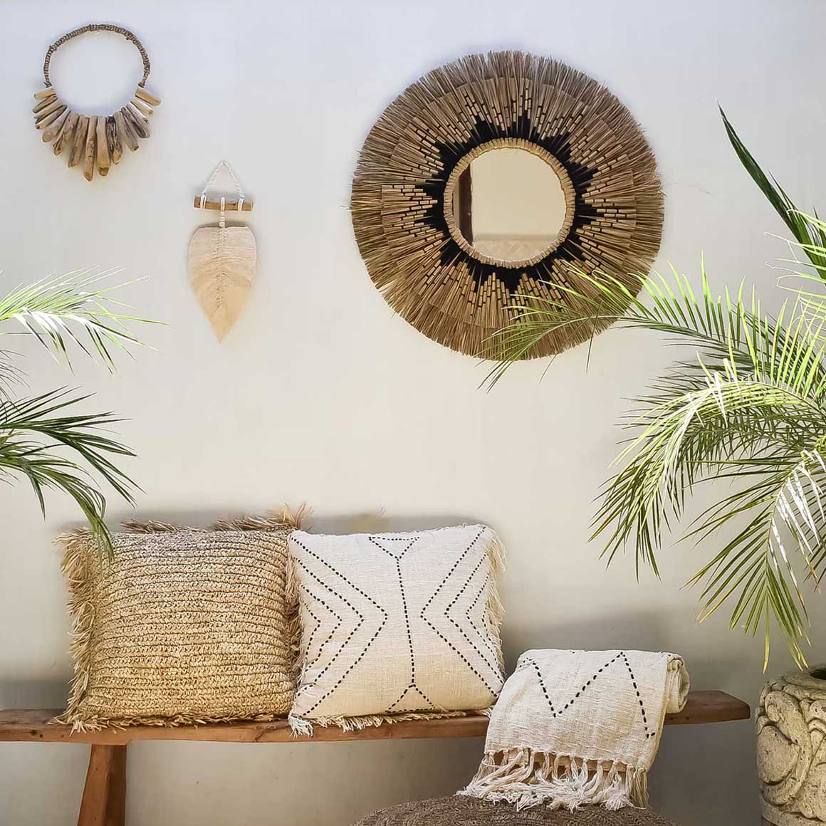 Runder Wandspiegel Marokko Marokkanisch Spiegel Boho Wanddeko Spiegel kaufen Handgemacht Gras Bast Rattan Deko in Natur & Schwarz | Soulbirdee Onlineshop