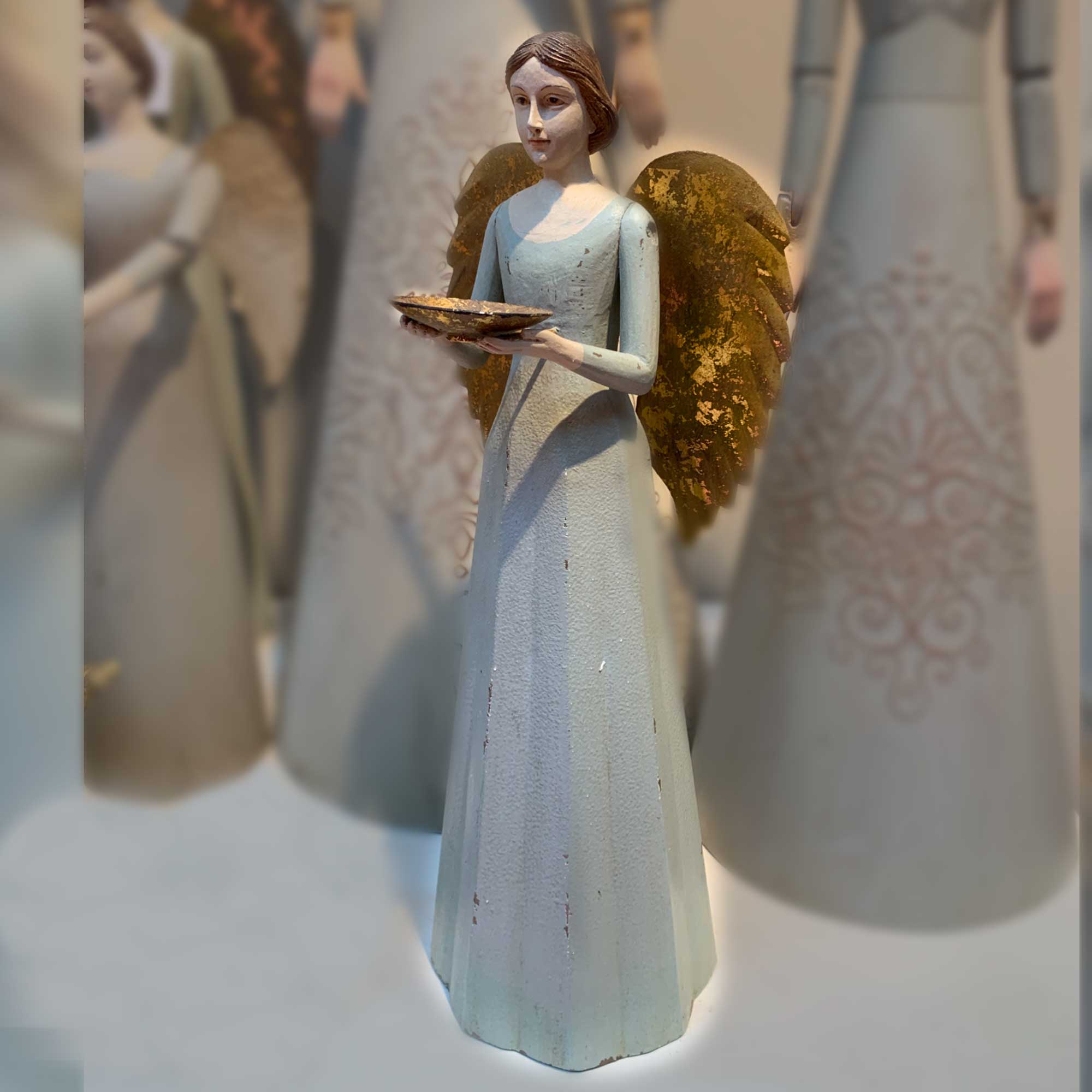 Weihnachtsengel Blauer Engel Kerzenständer Kerzenhalter gold Flügel Vintage Stil altmodisch auf alt gemacht weihnachtsdeko advent deko