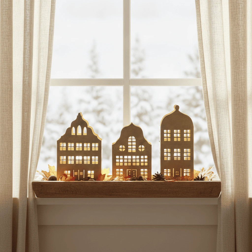 Goldene Weihnachtshäuser als Fensterdeko für Herbst bis Weihnachten als Deko