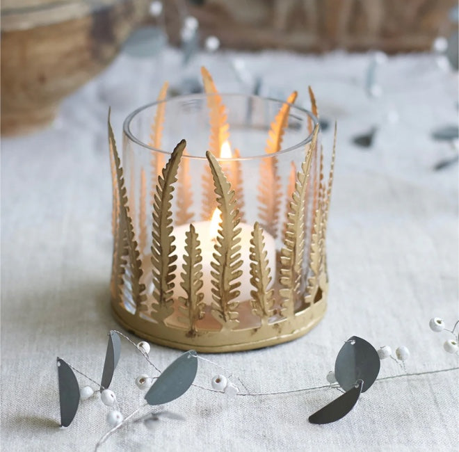 Windlicht goldener Farn aus Glas & Bronze-Messing – Weldaad