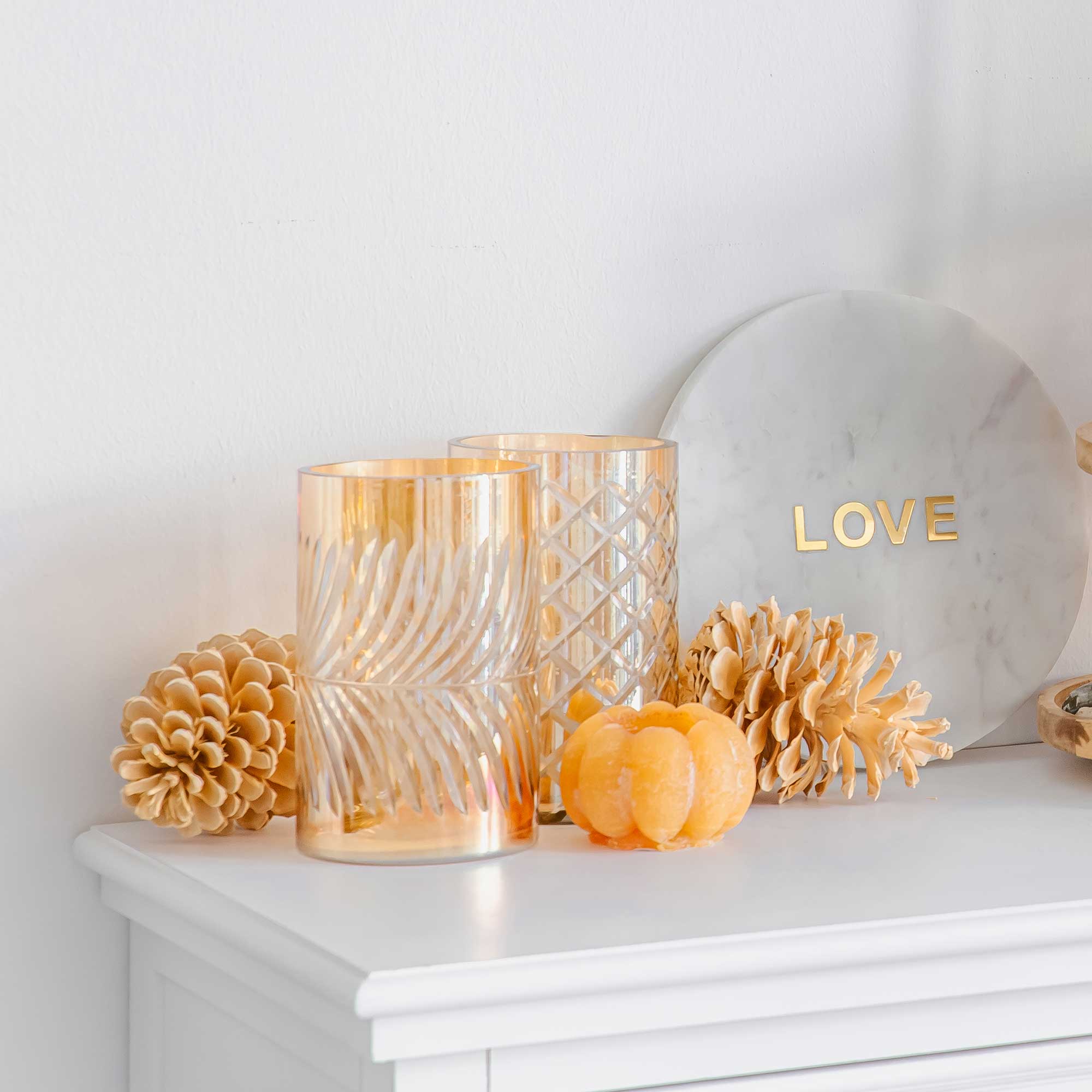 Windlicht Set 2-er Glas Relief Schliff Gold Blatt Jolipa Jline Soulbirdee Windlicht kaufen Windlichter aus Glas