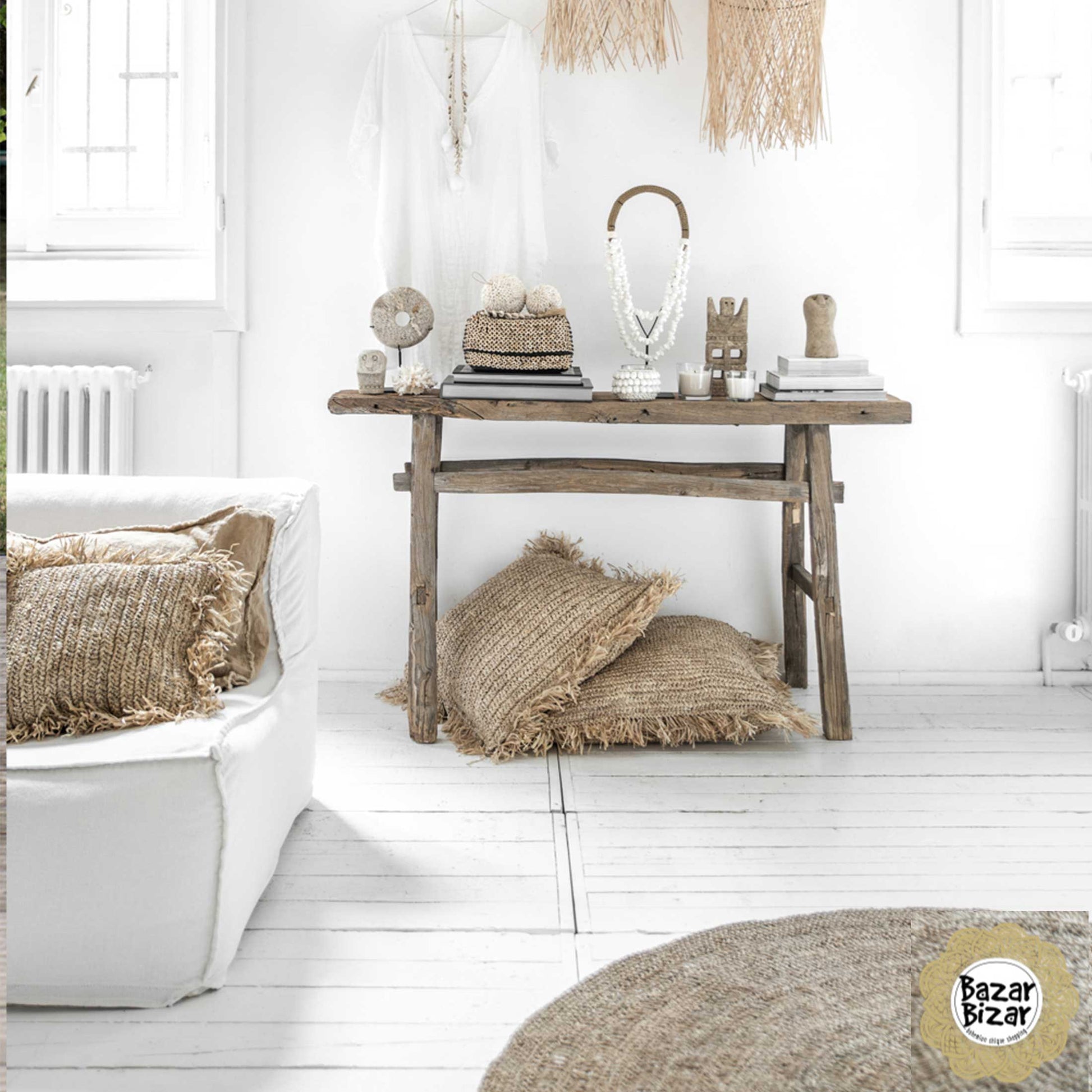 Wohndekoration aus Naturmaterialien wie Bast und Muscheln von Bazar Bizar bei Soulbirdee online kaufen. Lampenschirm aus Bambus oder aus Bast im Ethno Stil, Onlineshop Soulbirdee