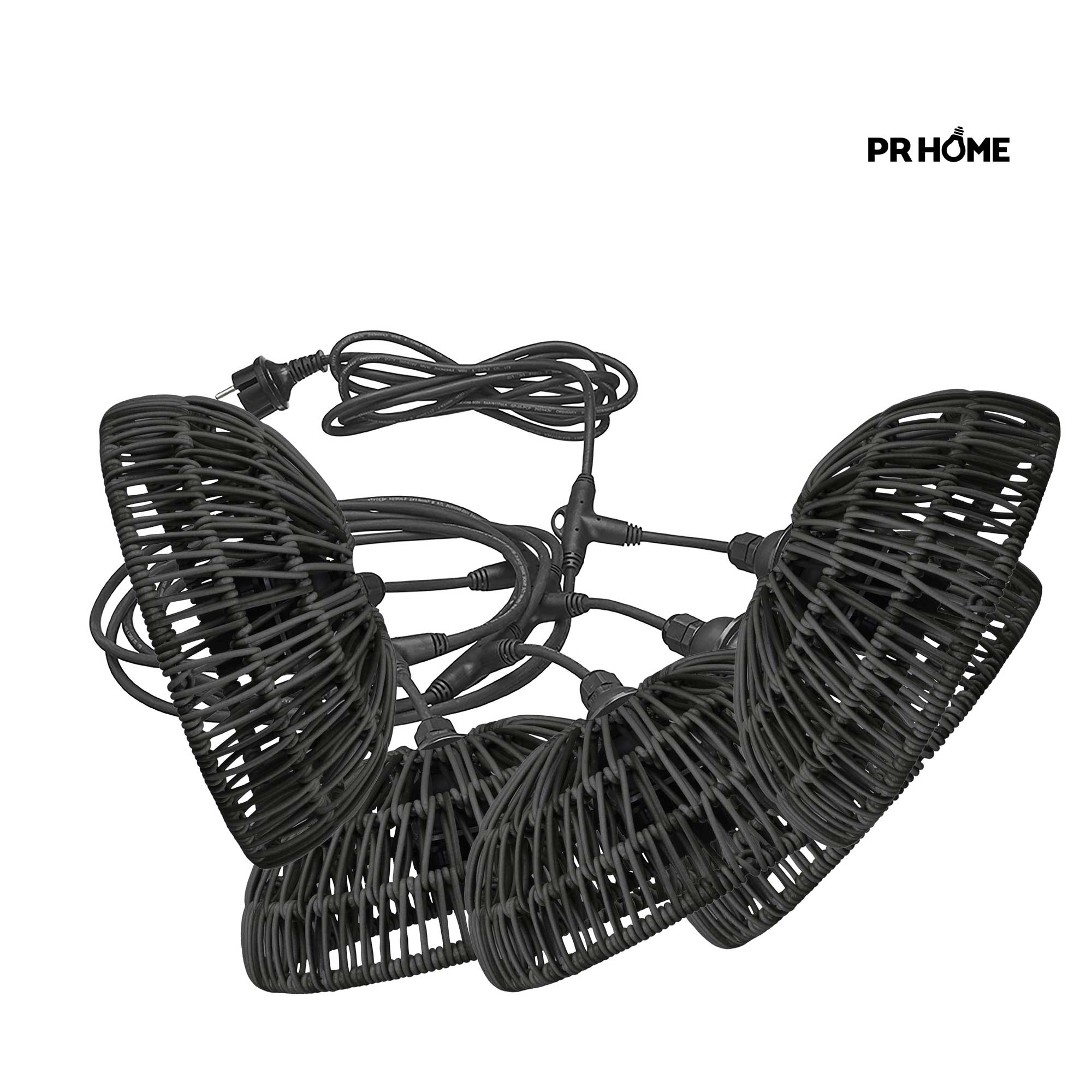 Outdoor Lichterkette Lichtgirlande mit 5 schwarzen Lampenschirmen aus Poly-Rattan Beleuchtung für Terrasse & Balkon mit 5 Lampen Soulbirdee Onlineshop