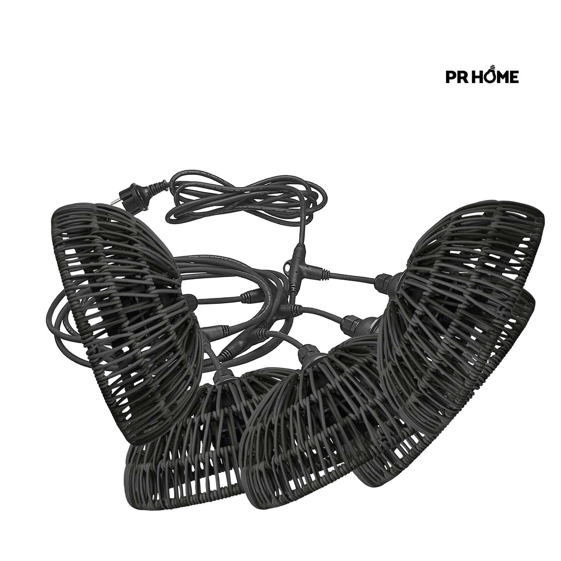 Outdoor Lichterkette Lichtgirlande mit 5 schwarzen Lampenschirmen aus Poly-Rattan Beleuchtung für Terrasse & Balkon mit 5 Lampen Soulbirdee Onlineshop