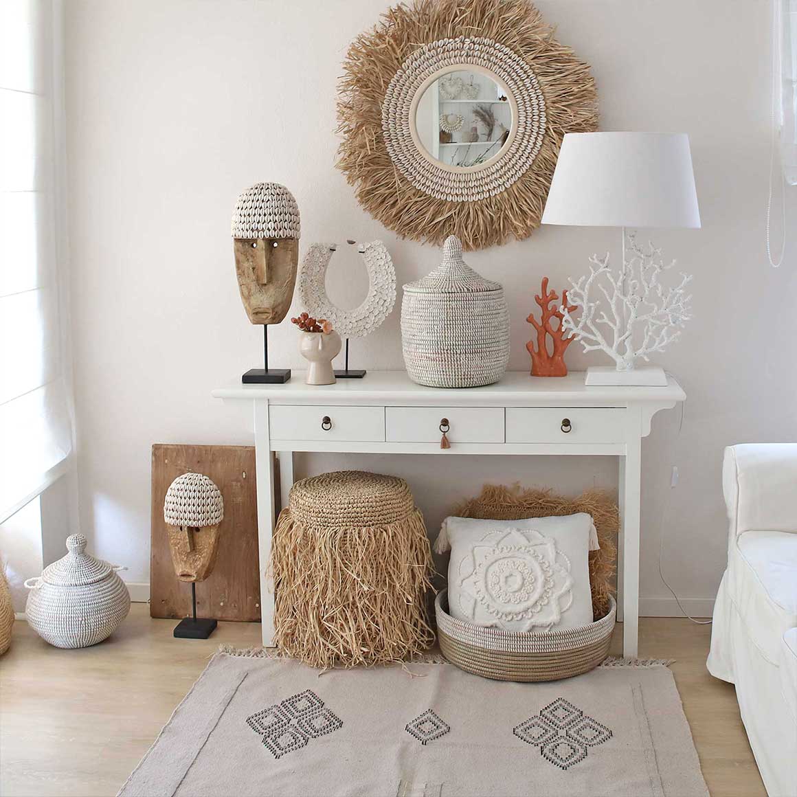 Wandspiegel rund , Spiegel kaufen, Boho Spiegel, Ibiza Boho Style Spiegel rund Coastal Wandspiegel Gras Muscheln Bazar Bizar BALE067NW-L-75 Boho Deko Soulbirdee Shop