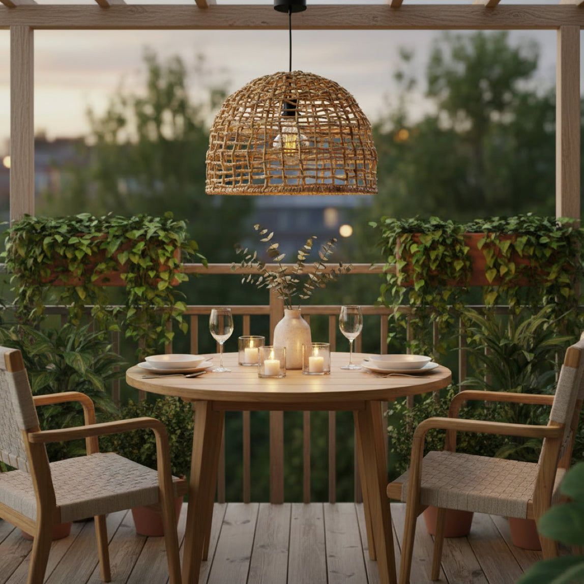 Gemütliche Balkon Lampe aus Rattan als runde Esstischlampe auf kleinem Balkon