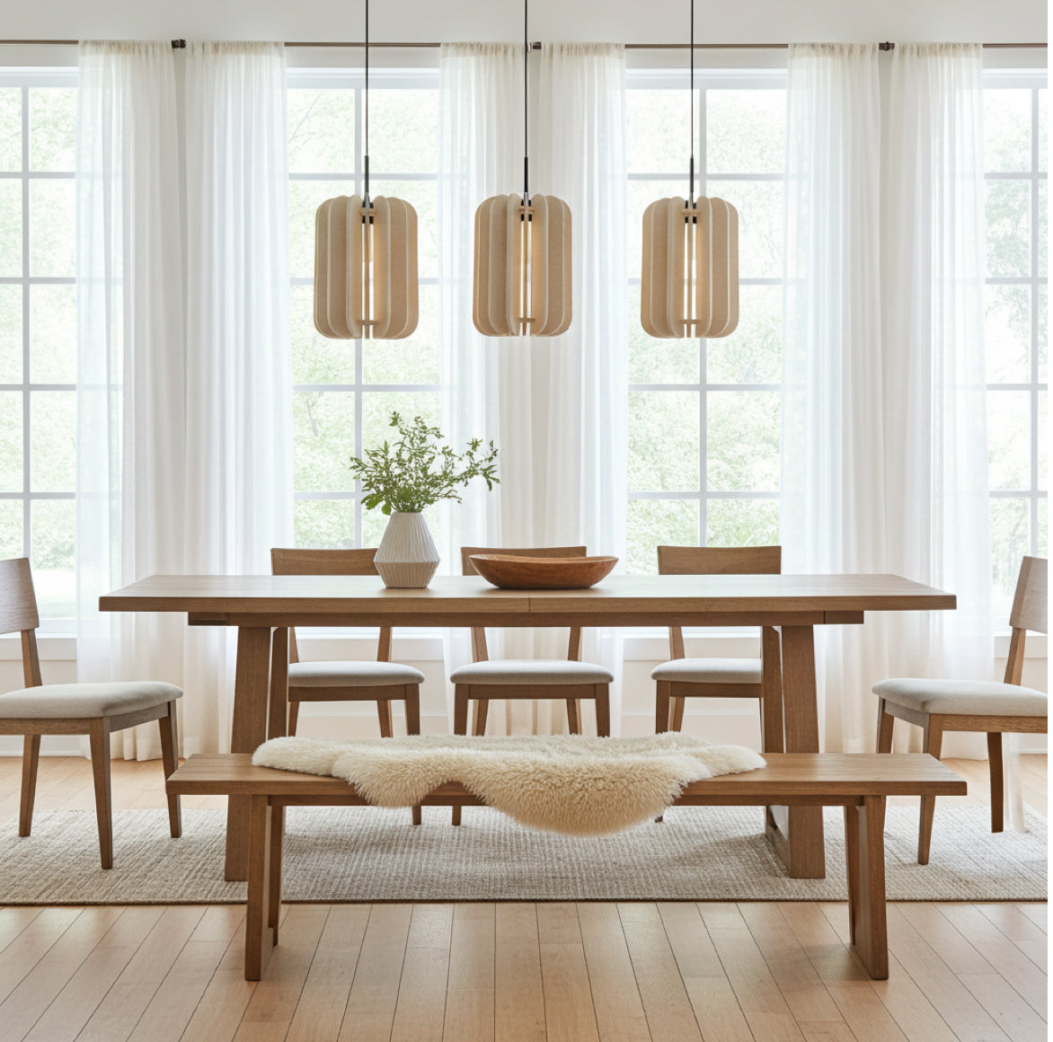 Beige Pendelleuchten im Esszimmer mit modernem Design wohnlich für familie mit großem Esstisch 