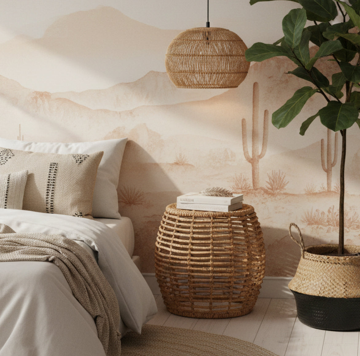 Naturfarbener Beistelltisch GUSTIH aus Bananenblatt als edler Nachttisch im Boho-Schlafzimmer.