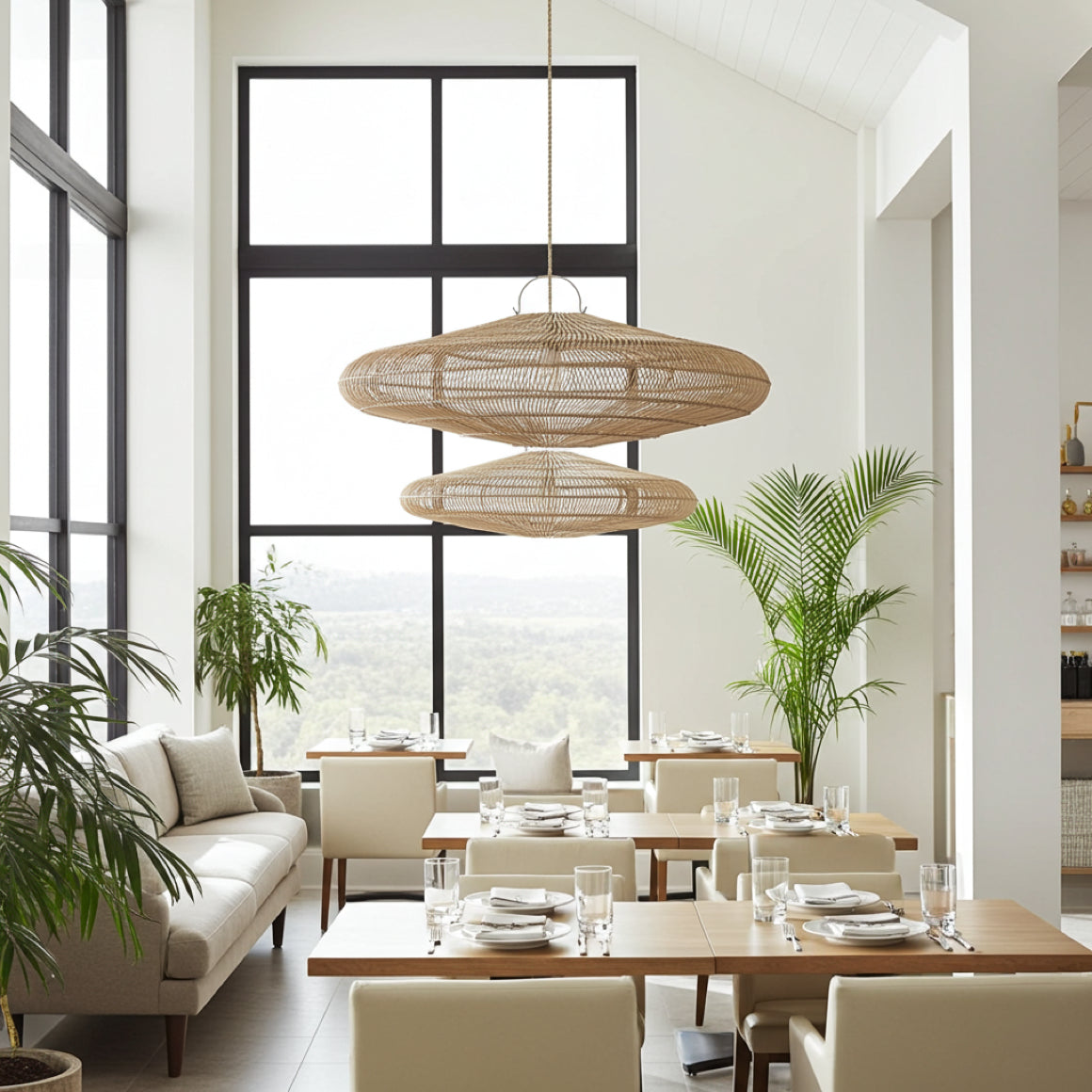 Repräsentative Restaurant-Beleuchtung mit großen Rattan-Lampenschirmen in XL