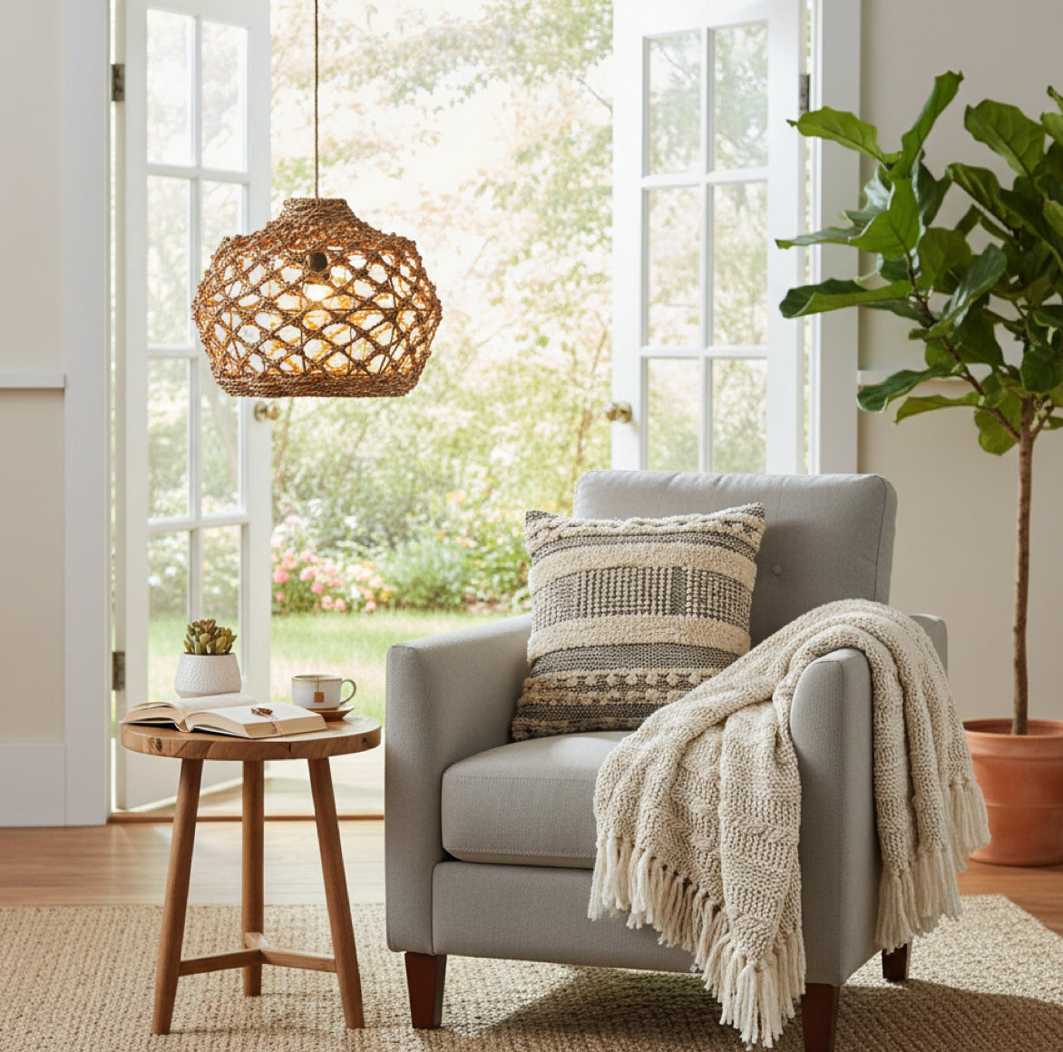 Boho Lampenschirm Banara über einem Beistelltisch im Wohnzimmer, warmes Licht fällt durch das Geflecht
