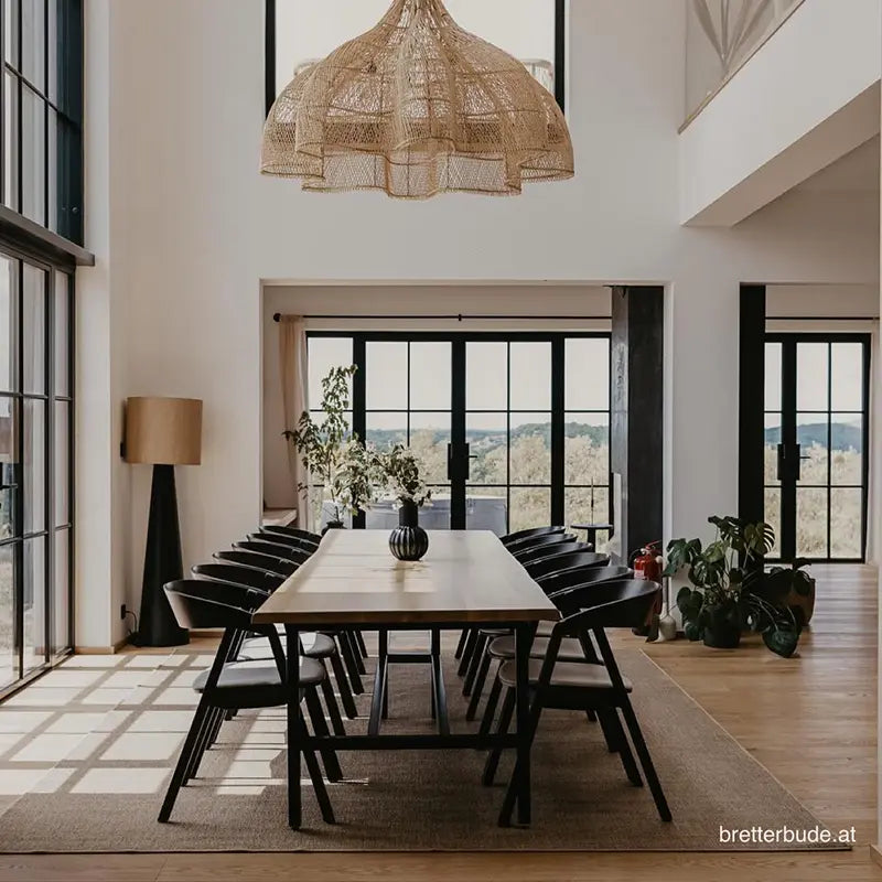Große Boho Rattan Hängelampe im Esszimmer mit natürlichem Design, ideal für stilvolle Wohnräume oder Hotel-Ambiente