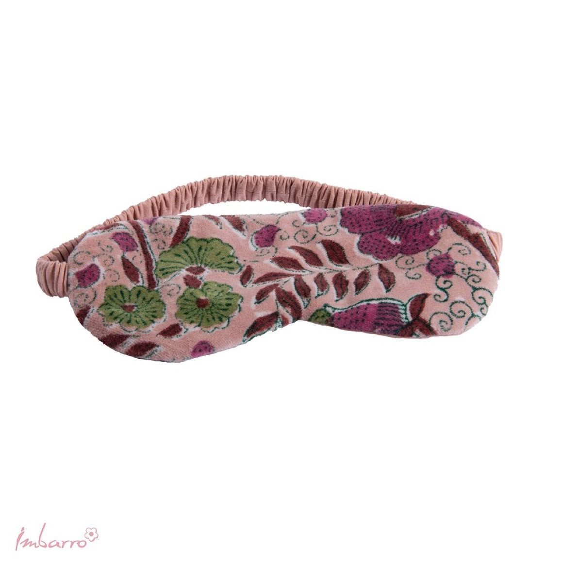 Bequeme Boho-Schlafmaske von Imbarro aus weichem Samt in Rosa-Pink mit romantischem Blütenmuster.