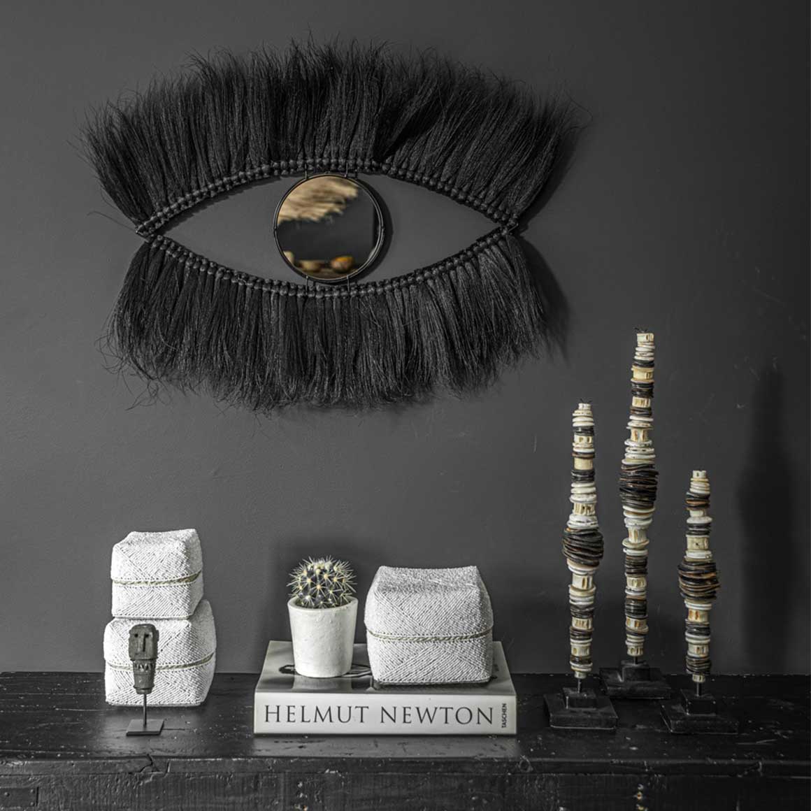 Boho Spiegel Wandspiegel schwarz Wimpern Wanddeko Gras Bazar Bizar marokkanischer Spiegel Auge Form dekoriert Wand 100cm Soulbirdee Onlineshop Boho Style Wanddeko | Große Spiegel 100cm |