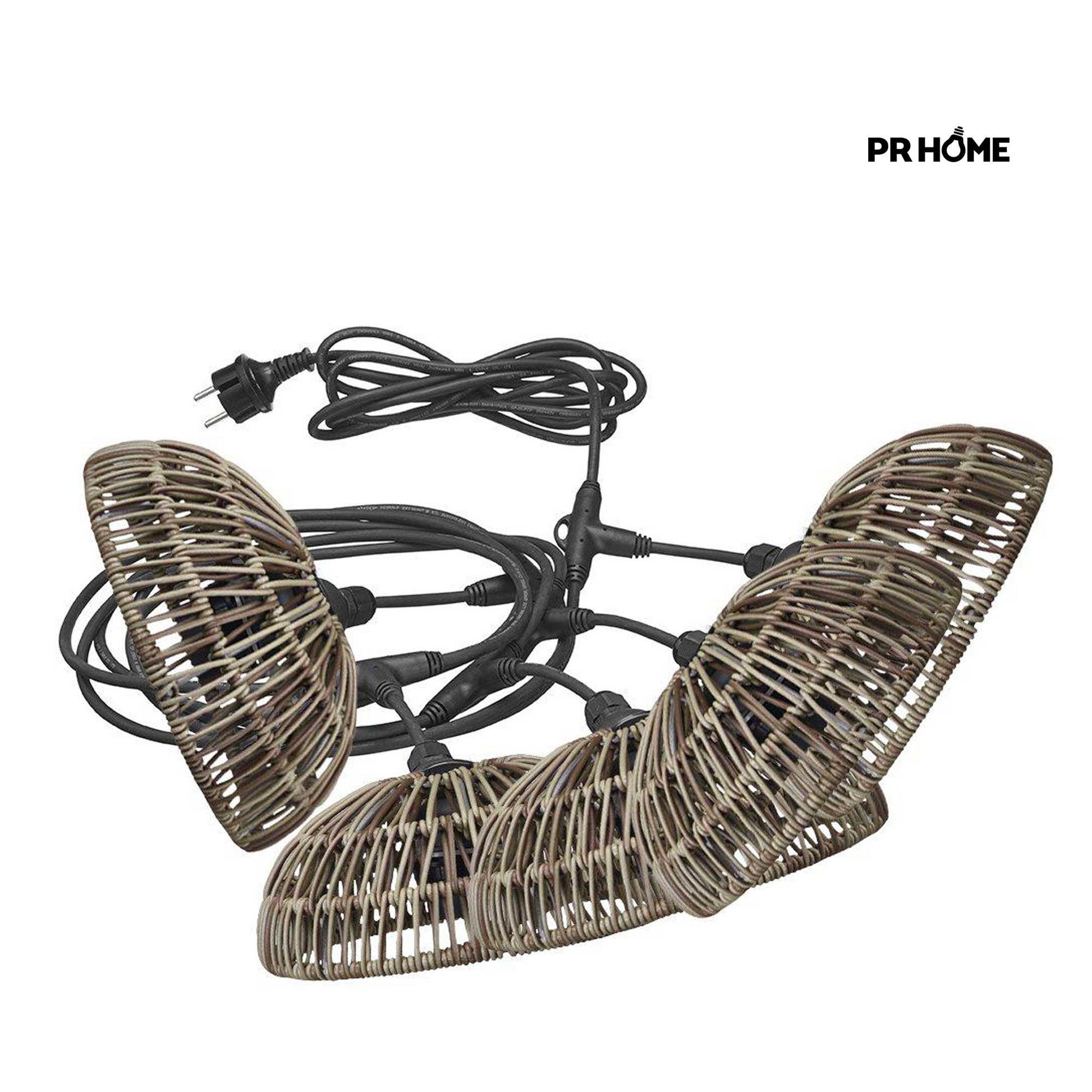Outdoor Lichtkette Girlande Partylichter mit 5 braunen Lampenschirmen aus Poly-Rattan Beleuchtung für Terrasse & Balkon mit 5 Lampen Soulbirdee Onlineshop