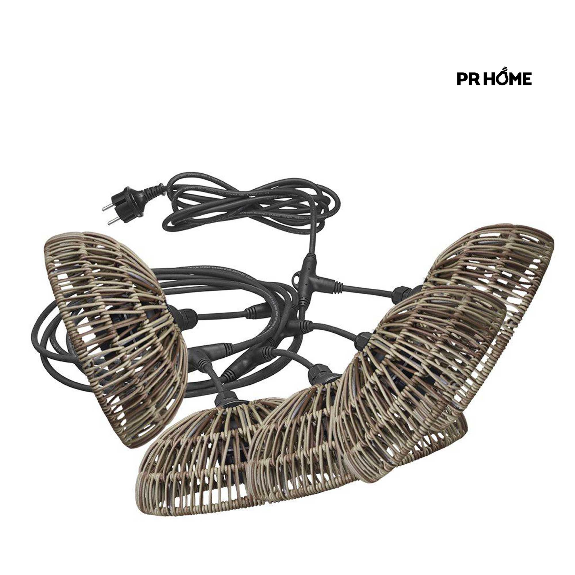 Outdoor Lichtkette Girlande Partylichter mit 5 braunen Lampenschirmen aus Poly-Rattan Beleuchtung für Terrasse & Balkon mit 5 Lampen Soulbirdee Onlineshop