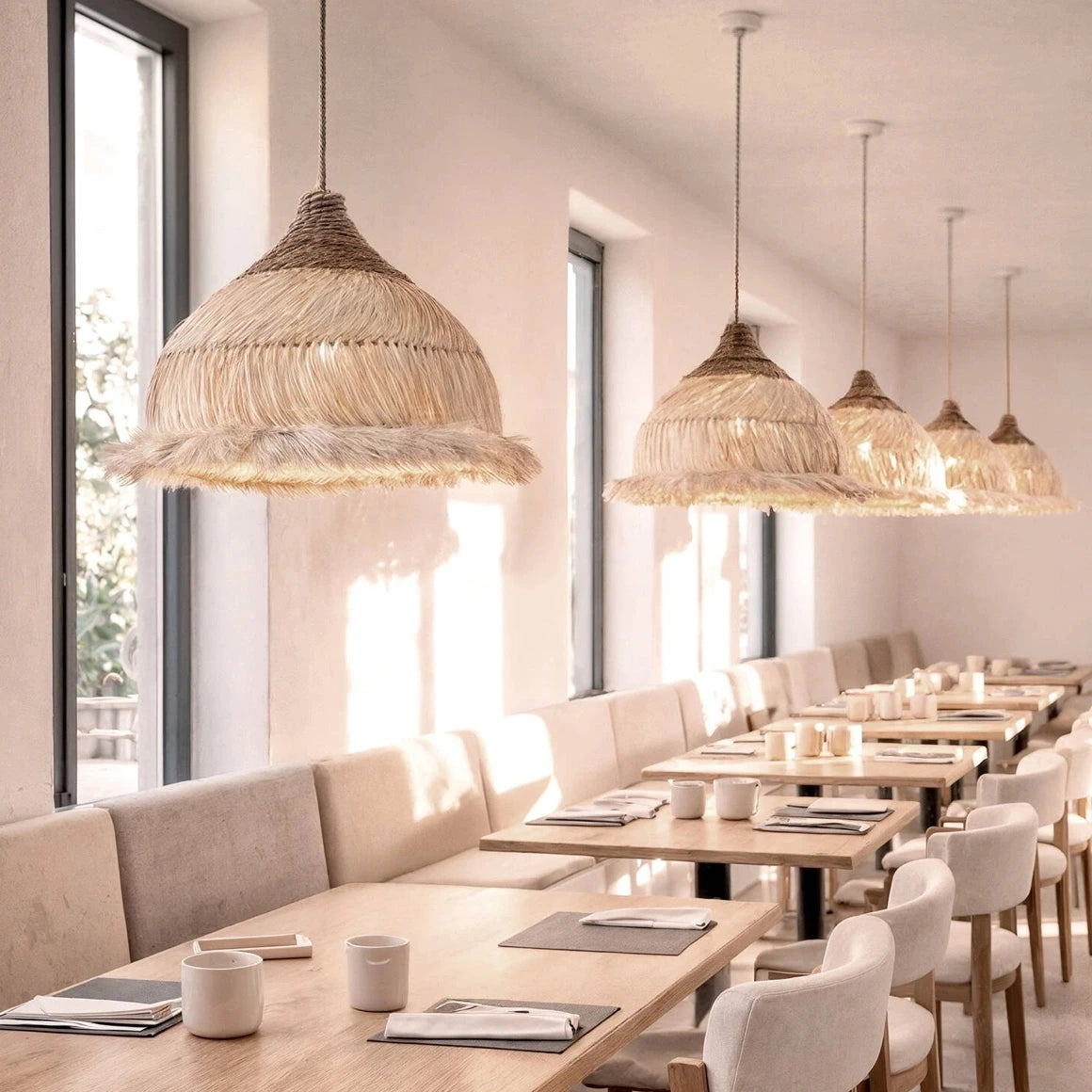 Hängelampe über kleinem runden Tisch für zwei Personen im Café