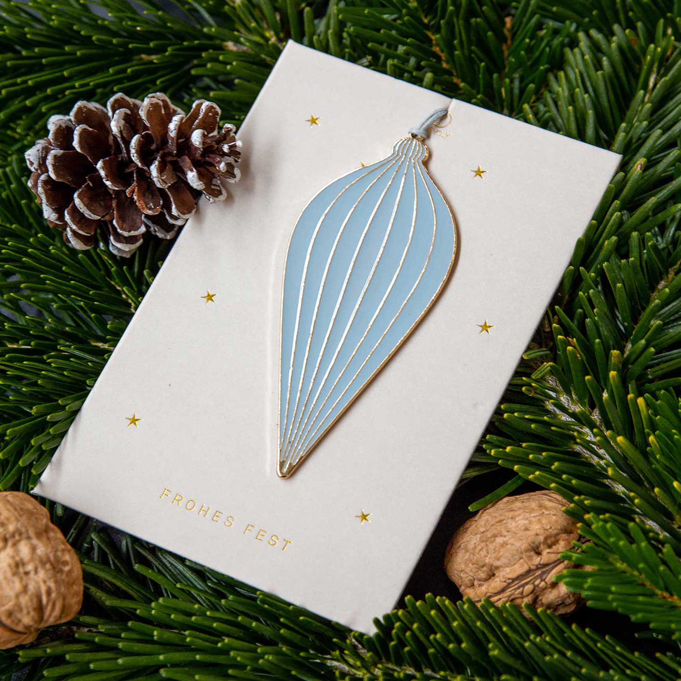 Christbaumschmuck aus goldenem Metall und grau emailliert in Form eines blauen Tropfens. Dekoanhänger vom Soulbirdee Onlineshop