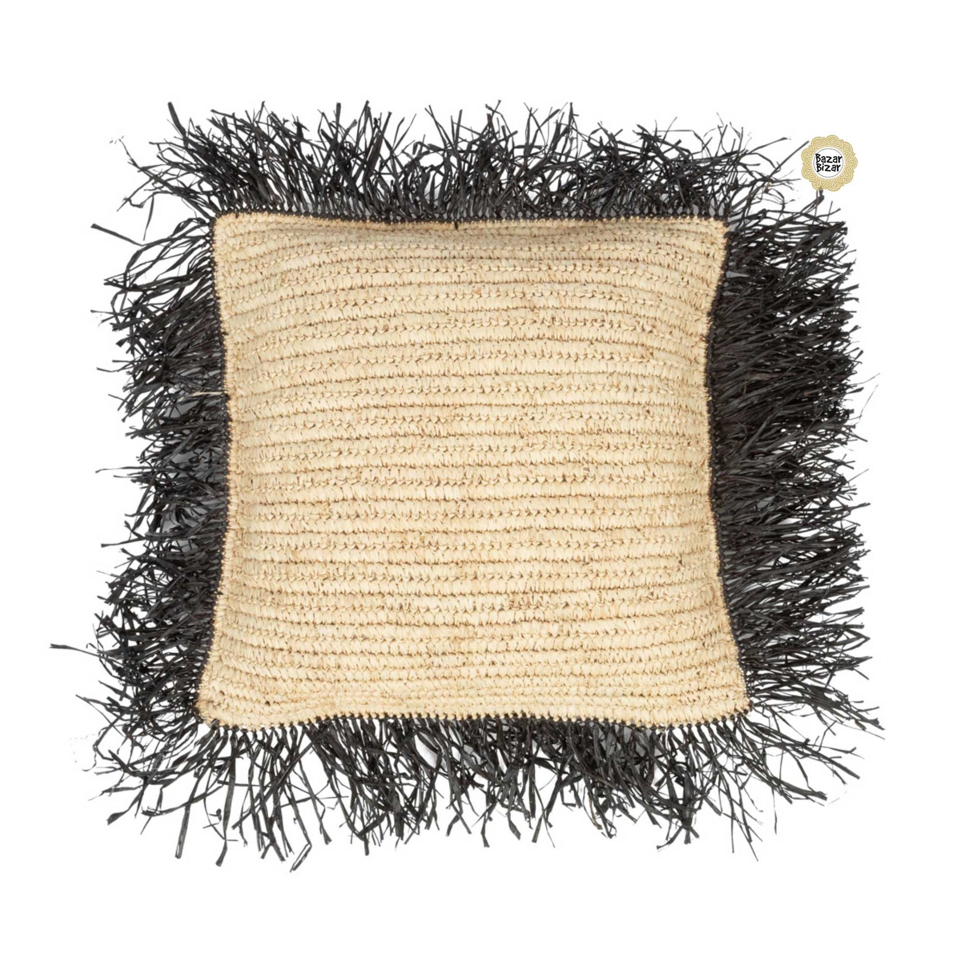 Raffia Boho Kissen mit Fransen im Bohemian Style | Bast Kissen mit Kissenfüllung | Boho Deko Kissen von Bazar Bizar im Soulbirdee Onlineshop