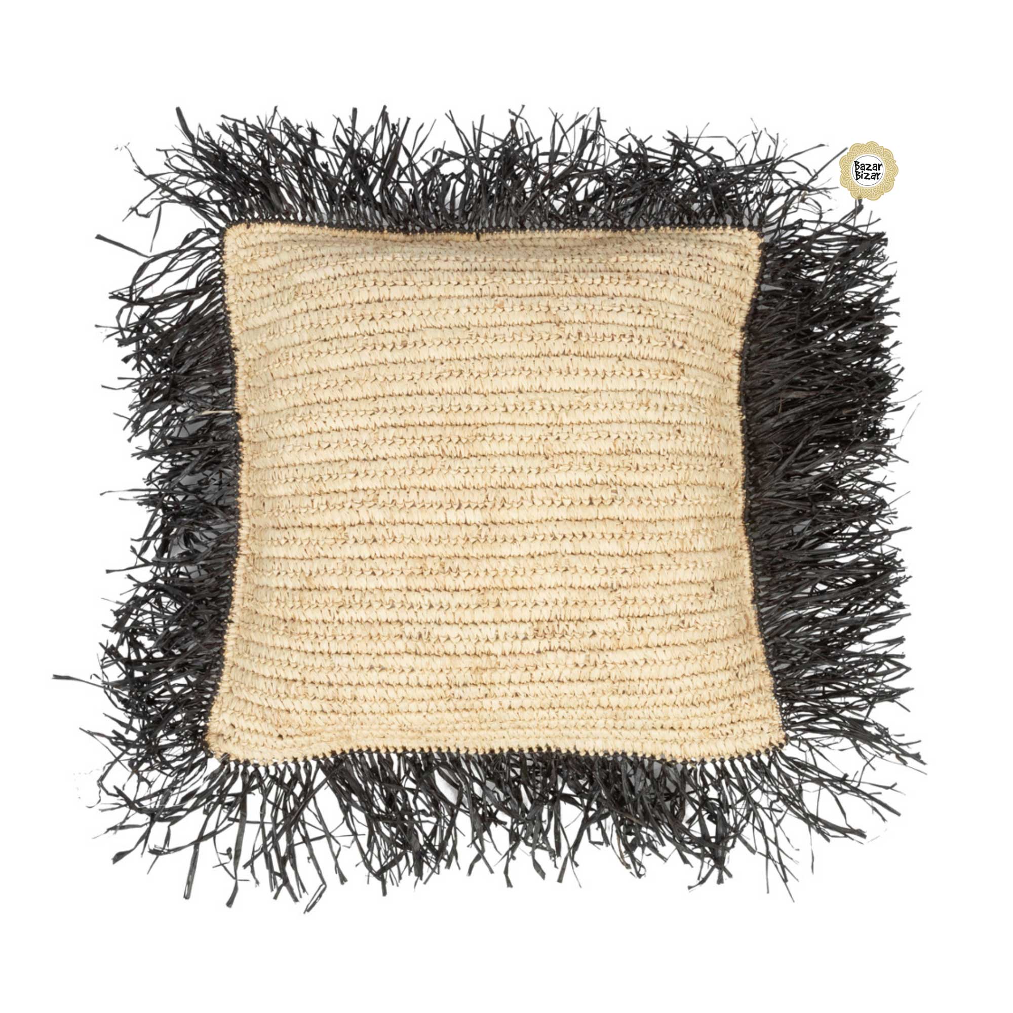 Raffia Boho Kissen mit Fransen im Bohemian Style | Bast Kissen mit Kissenfüllung | Boho Deko Kissen von Bazar Bizar im Soulbirdee Onlineshop