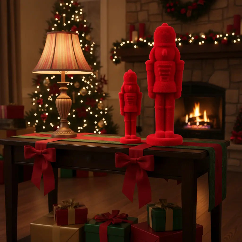 Roter Nussknacker mit samtiger Oberfläche als elegante Weihnachtsdekoration im Wohnzimmer