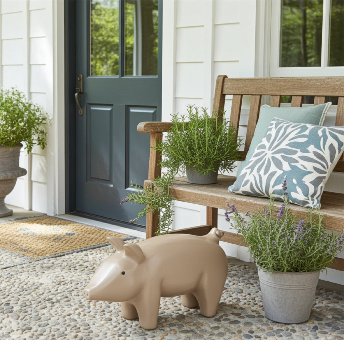 Modernes Deko Schwein in beige lackiert aus Holz namens Luigi in Taupe/Altrosa von Vosteen als Dekofigur im Landhaus Stil