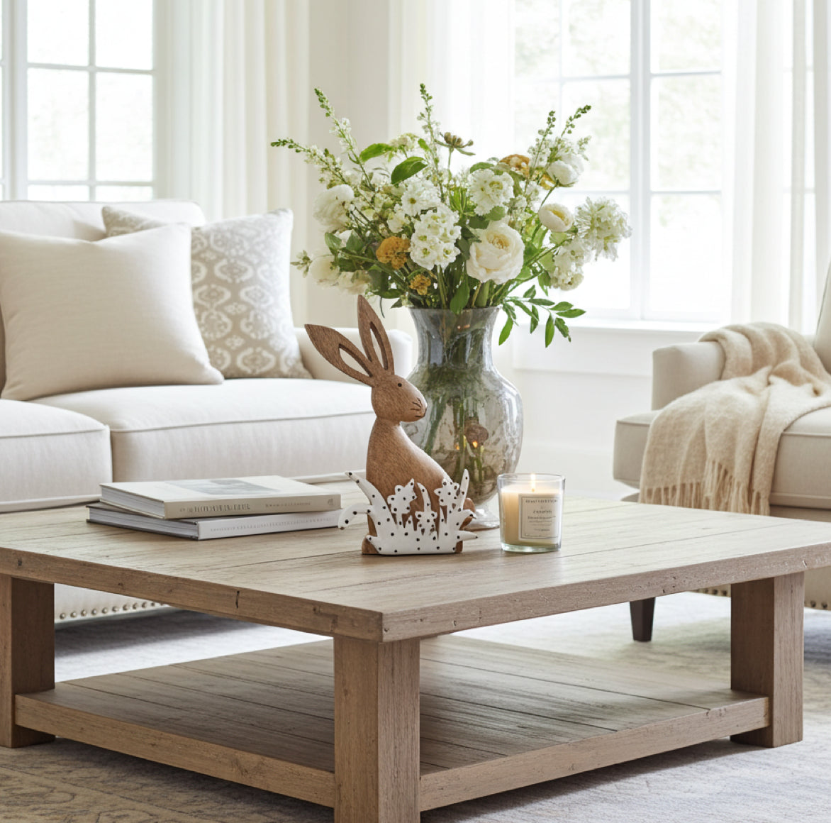 Frühlings Deko Hase aus Holz dekoriert auf einem Sofatisch neben einer Blumenvase.