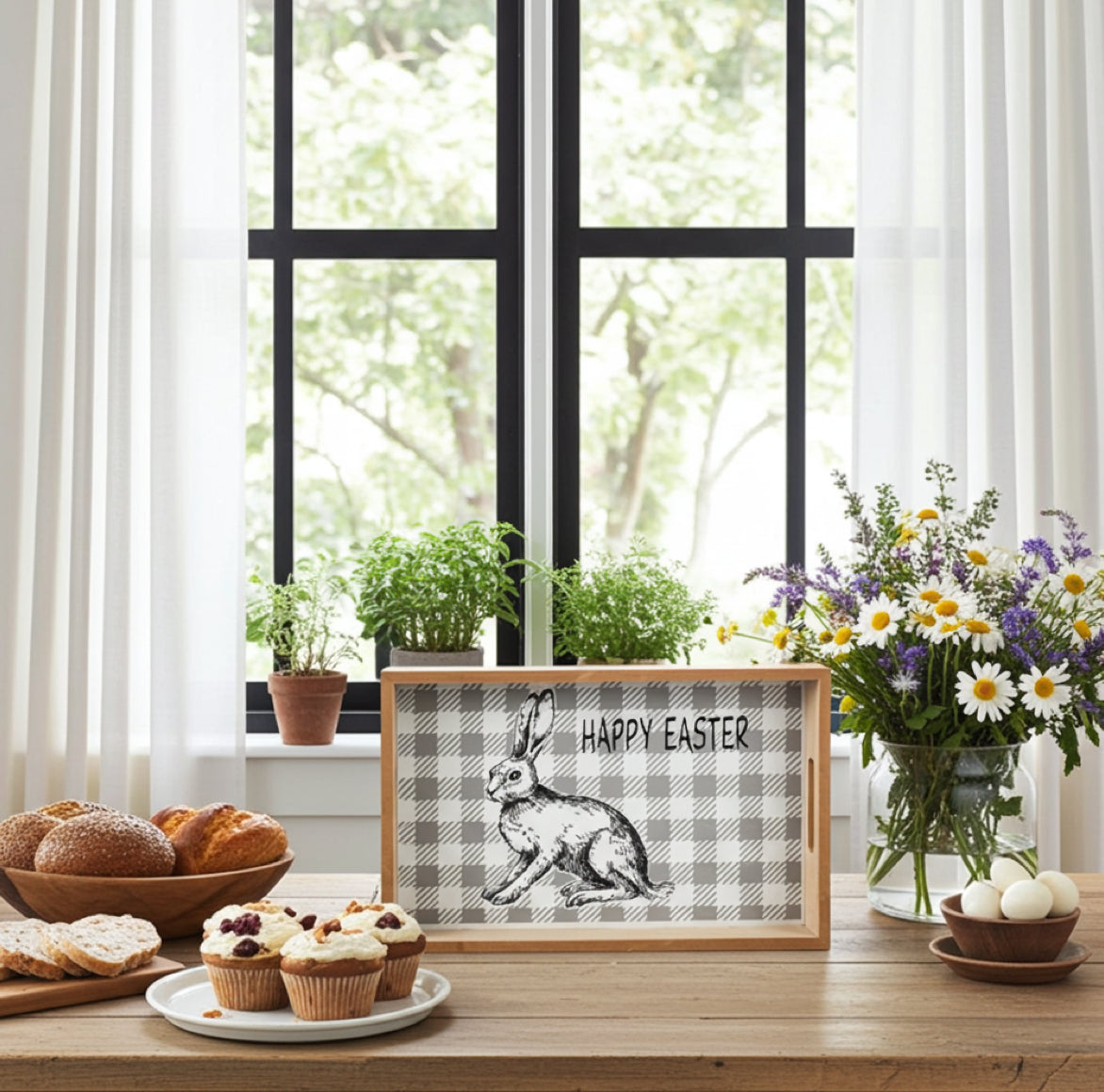 Osterdekoration mit Pflanzen und Eiern auf einem karierten Holztablett.