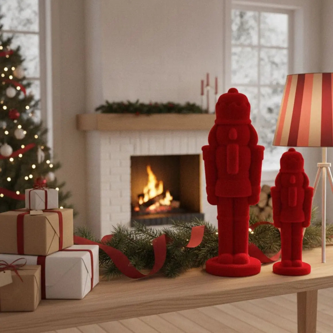 Großer roter Nussknacker mit Samtoberfläche als moderne Weihnachtsfigur im Wohnzimmer