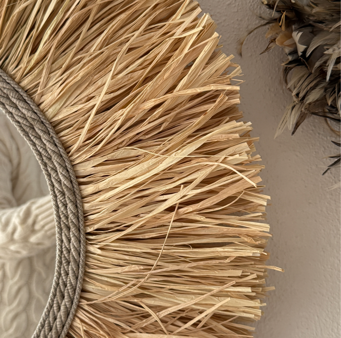 Wandspiegel Raffia Fransen Detail Leinen handgefertigt