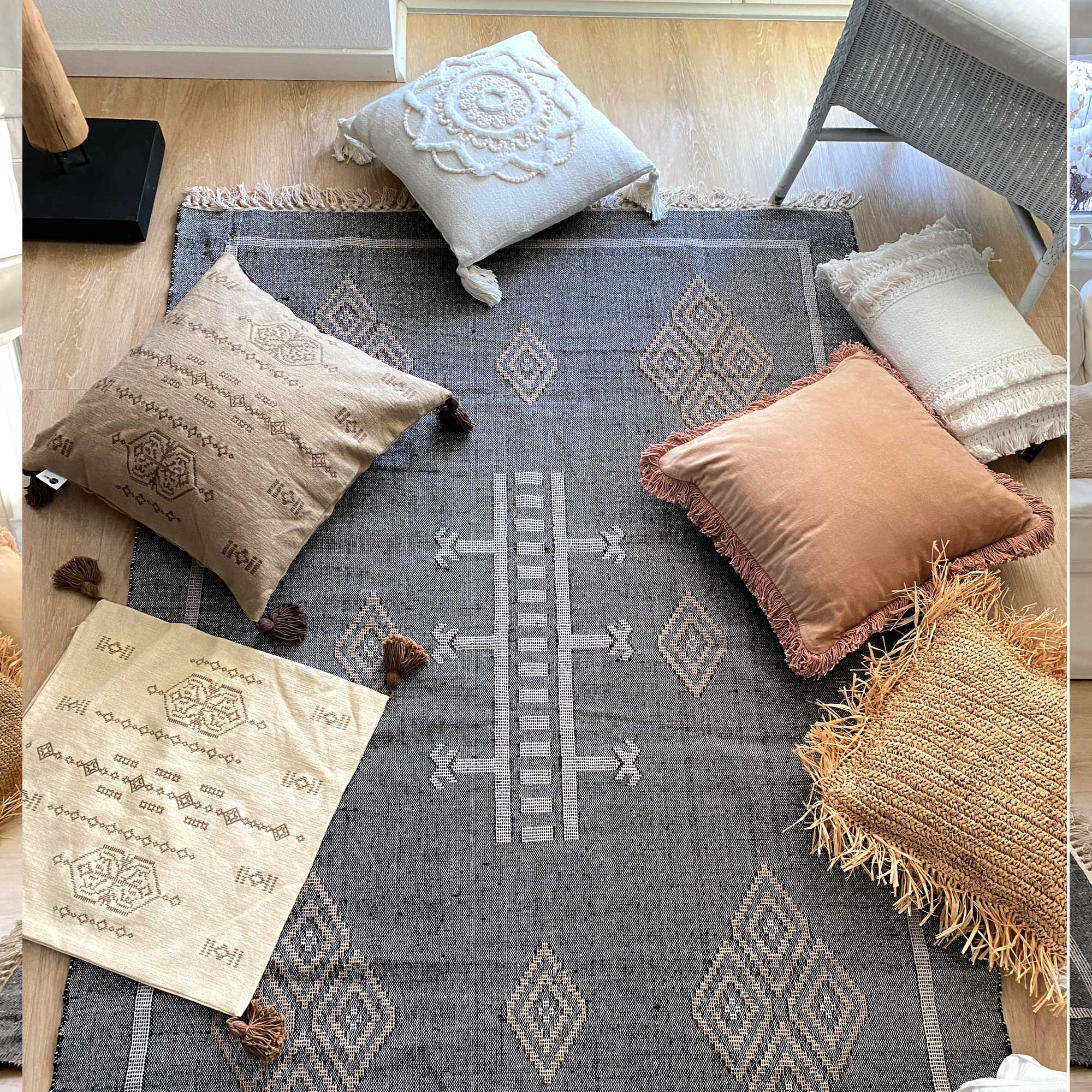 Teppich gewebt Kelim Marokko Orientalisch Grau Dunkel Beige Modern Wohnen Deko Marokkanischer Style Soulbirdee Shop