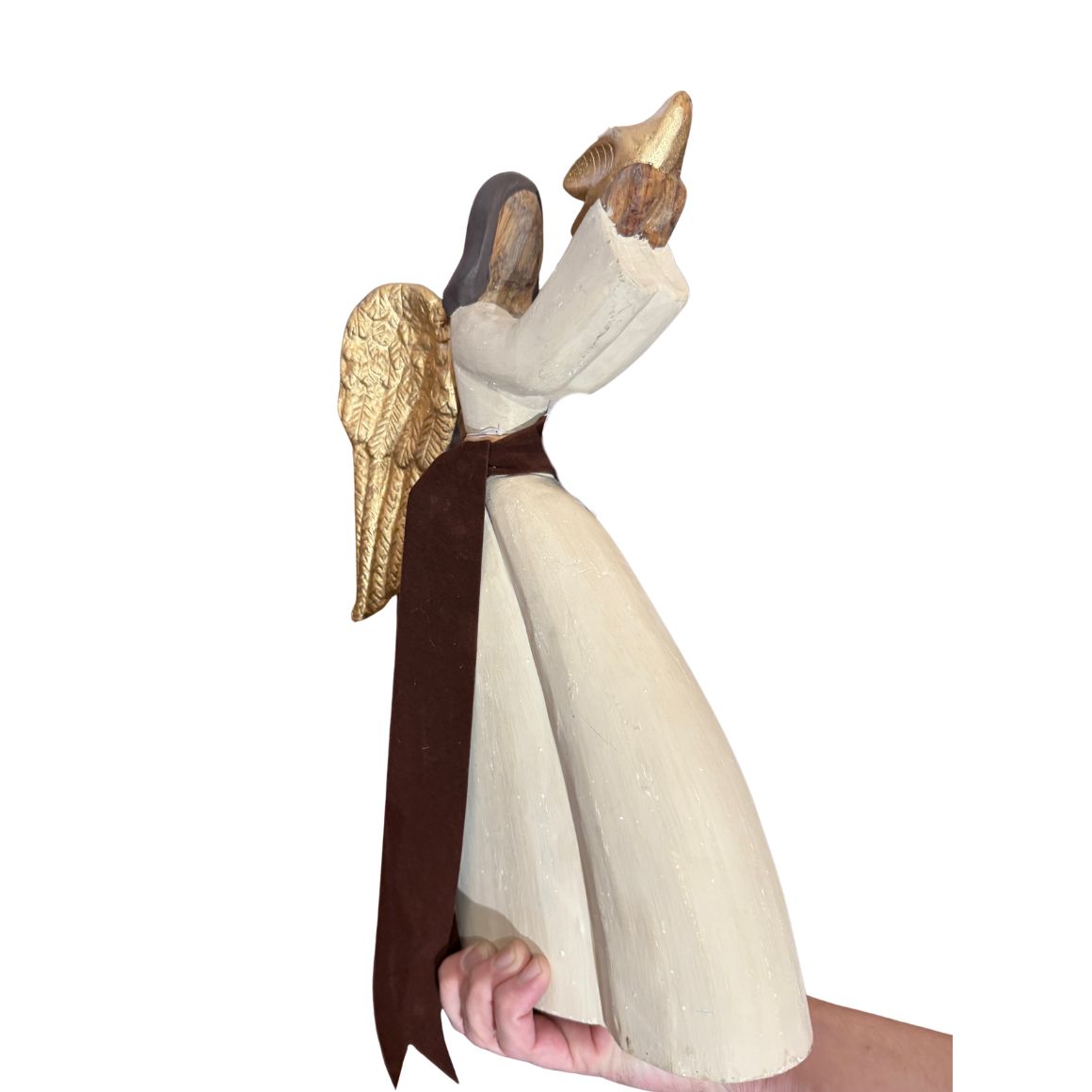 Engel Figur LIA großer Holzengel mit goldener Taube und goldenen Flügeln handbemalt moderne Deko