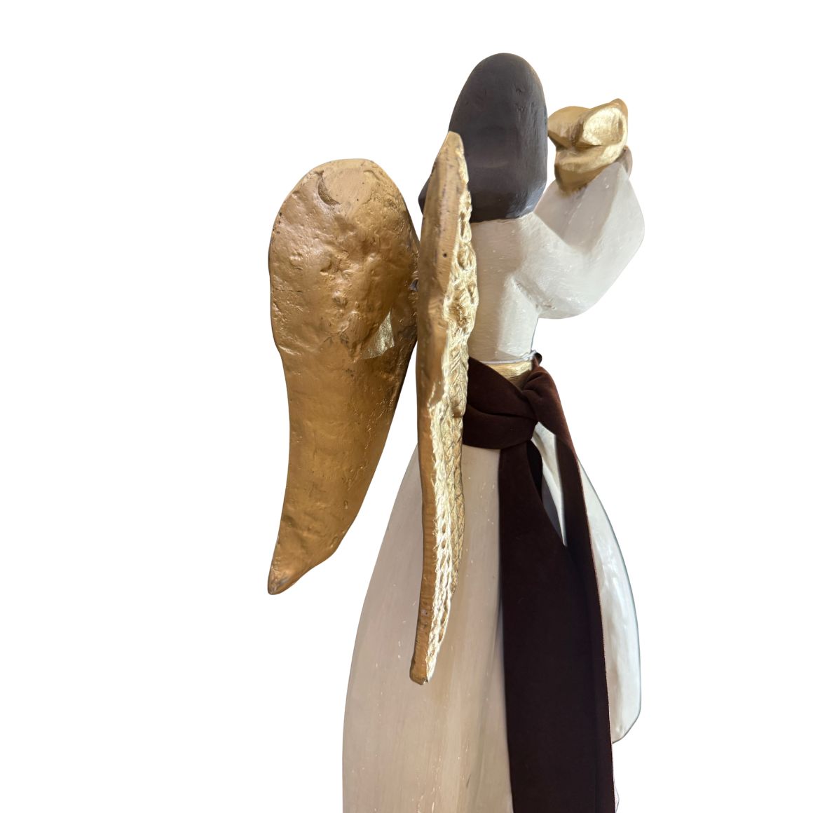 Detail Engel Figur LIA goldene Taube in den Händen symbolisch für Licht und Hoffnung Holzfigur handgefertigt