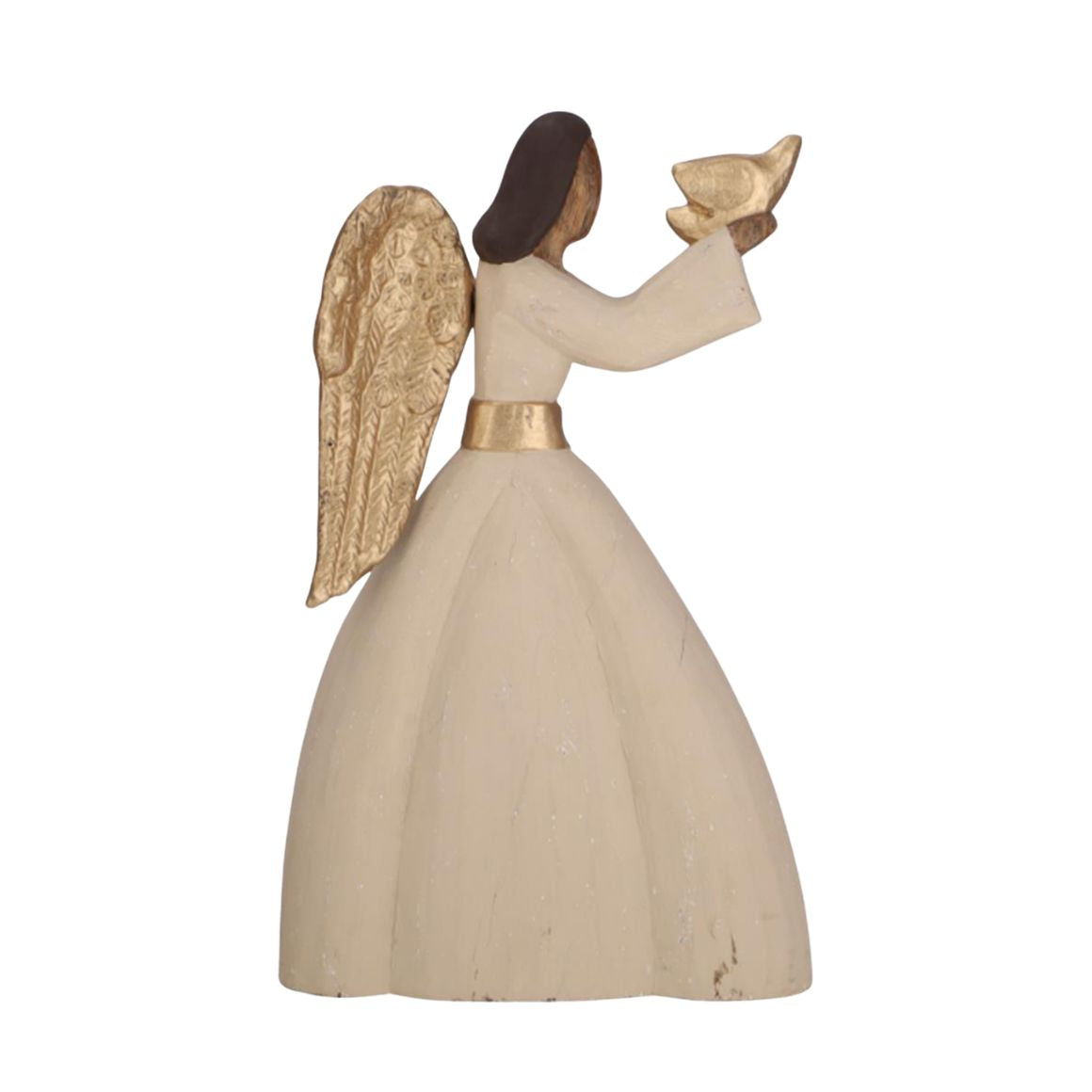 Holz-Figur Engel Lia handgemacht und bemalt mit Gewand in Beige und einer goldenen Taube in den Hänen