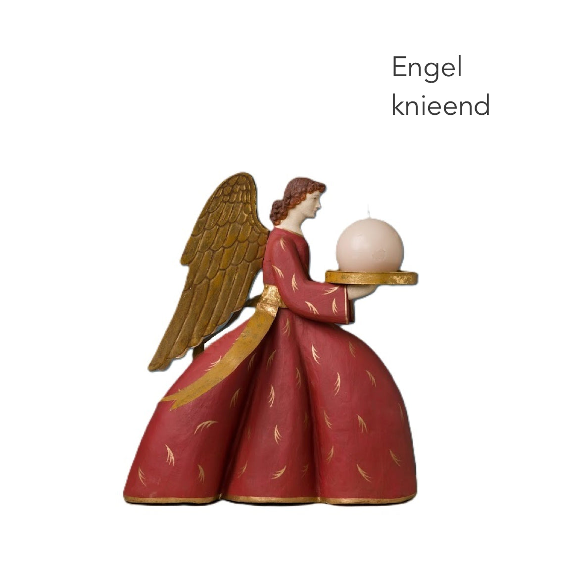 Engelfigur Rot von Meander bei Soulbirdee: Detailaufnahme der handbemalten goldenen Federmuster auf dem roten Kleid des Engels