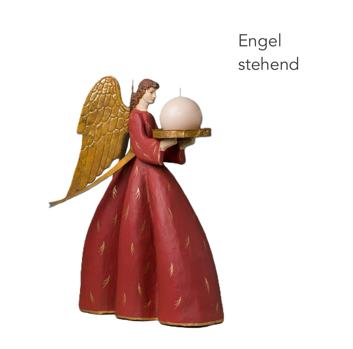 Elegante dunkelrote Engelfigur stehend mit goldenen Flügeln und Kerzentablett, Meander Engel bei Soulbirdee