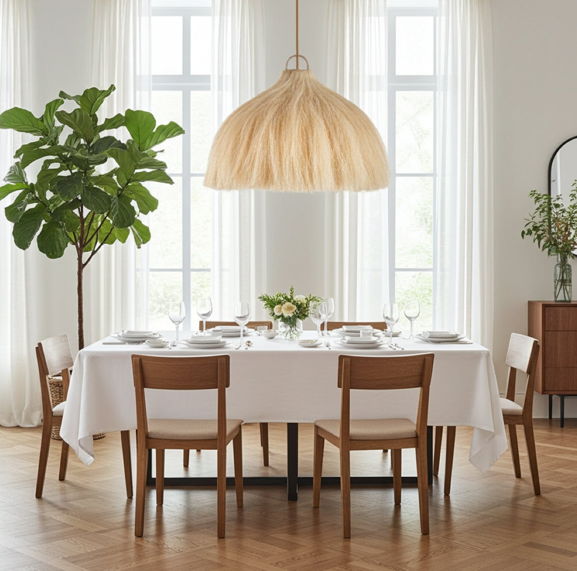 esstischlampe xxl Großer Boho Lampenschirm Rami 110cm aus Hanf in einem Restaurant.