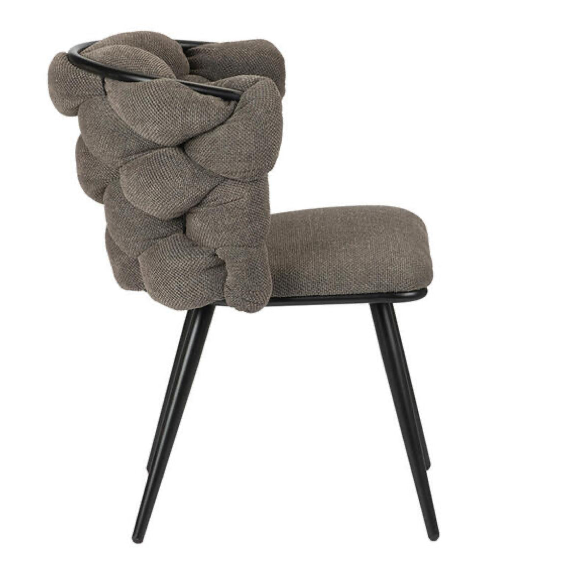 Seitenaufnahme esstischstuhl grauer stoff polsterstuhl boho stil geflochtene Rückseite mit halben Armlehnen