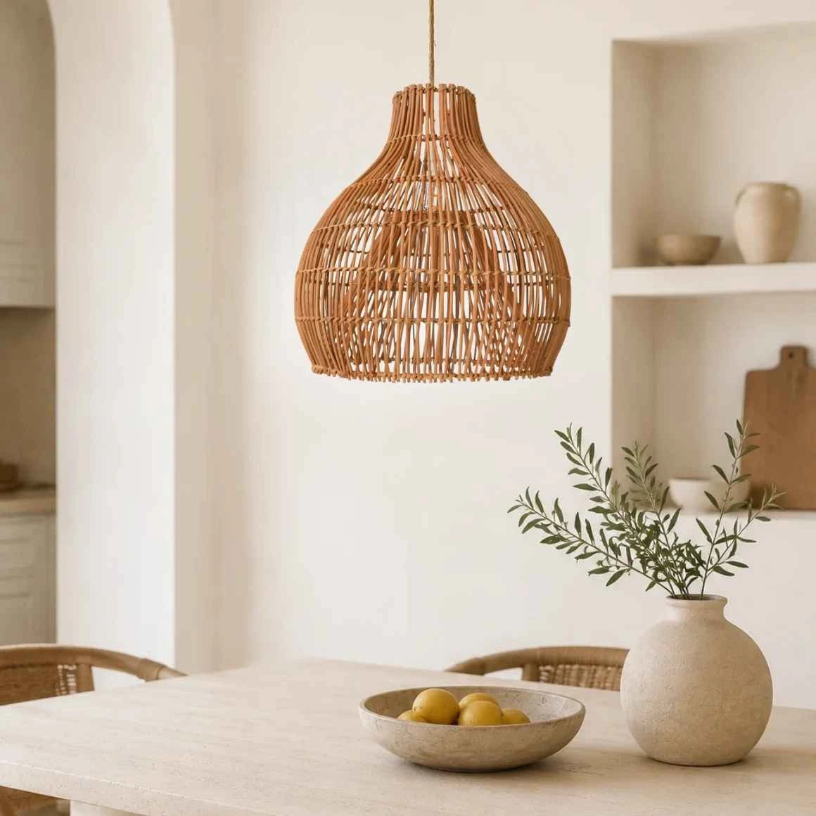Rattan-Lampenschirm GILI 40 cm über einem Esstisch