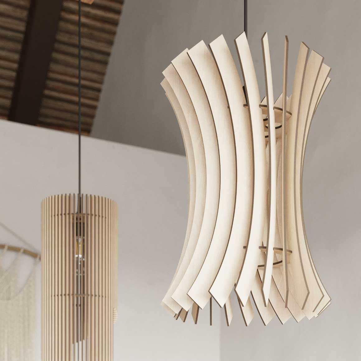 Hängeleuchte aus Holz geeignet als Wohnzimmerlampe und als Esstischlampe Holzlamellen Lampe kaufen Soulbirdee Lampenshop
